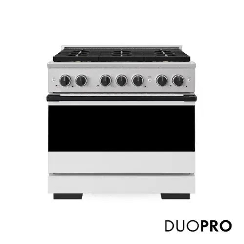 Front. ZLINE - Autograph 36 in. 5.2 cu. ft. Marino Freestanding Dual Fuel Range w/ 6 DuoPro Burners & White Door w/ Black Accents - White Matte.
