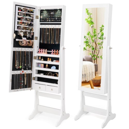 Costway Lockable Mirrored Jewelry Cabinet Armoire Organizer Storage with Stand & LED Lights - White