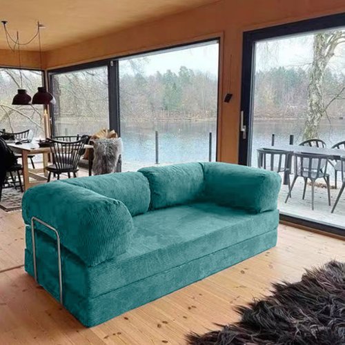 KERDOM - 62'' Wide Corduroy Sleeper Sofa Bed, Convertible Loveseat Sofa With Pull-out Bed, Foldable Spliced Block Lounge Couch - Aqua Blue-Front_Standard 