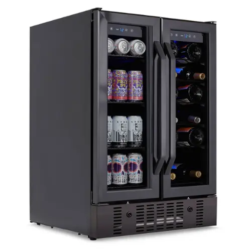 The image features a refrigerator with two doors, one of which is open, revealing a variety of drinks inside. There are several cans of beer and a few bottles of wine. The cans of beer are placed in different sections of the refrigerator, with some located in the middle and others towards the top. The bottles of wine are also distributed throughout the refrigerator, with some placed in the middle and others near the top. The refrigerator is filled with a diverse assortment of drinks, making it a convenient and well-stocked appliance for entertaining guests or enjoying a variety of beverages at home.