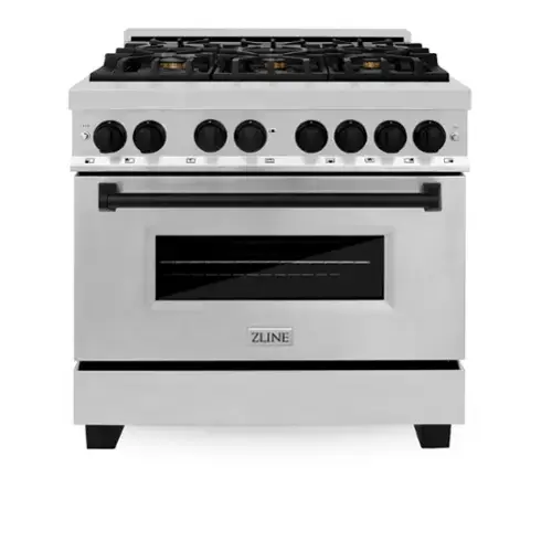 Front. ZLINE - Autograph 36" Legacy Dual Fuel Range w/ 6 Burners & Matte Black Accents (RAZ-36-MB) - Stainless Steel/Matte Black Accents.