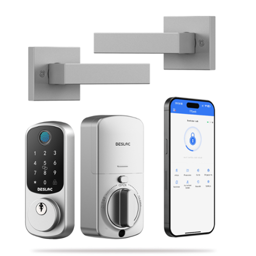 DESLOC - B200 Smart Lock Keyless Entry Fingerprint Deadbolt with Handle/Lever Set, Front Door Replacement, Bluetooth App - Silver - Square Lever-Front_Standard 