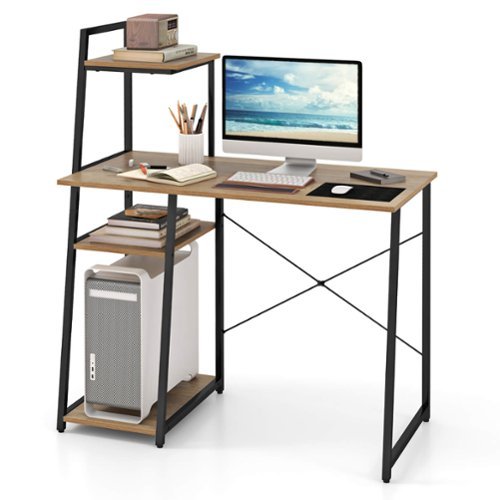 Costway - Computer Desk with Shelves Study Writing Desk Workstation with Bookshelf - Natural-Front_Standard 