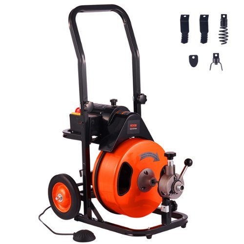 VEVOR - Drain Cleaning Machine 50 FT x 1/2 Inch, Sewer Auger Auto Feed with 4 Cutter & Air-activated Foot Switch - Orange-Front_Standard 