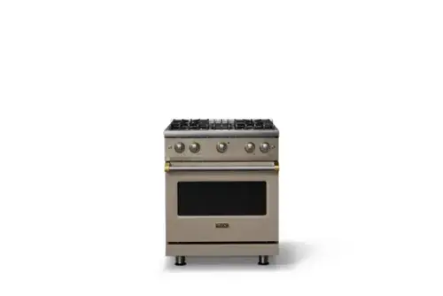 Front. Viking - 30 in. Wide Pro 5 Series 4.0 Cu. Ft. Freestanding Sealed 4 Burner Gas Convection Range - Nantucket/Brushed Brass - Nantucket.