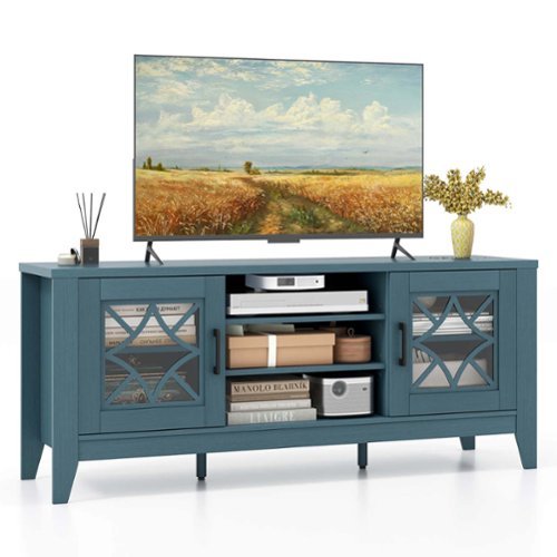Costway - TV Stand for TVs up to 65" with 3-Position Adjustable Shelves Tempered Glass Doors - Green-Front_Standard 