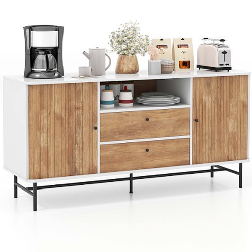 Costway Buffet Sideboard Versatile TV Stand with Sliding Tambour Doors & 2 Storage Drawers - White + Oak