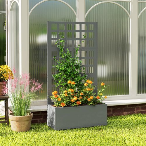 Outsunny Galvanized Raised Garden Bed with Trellis and Drainage Holes for Climbing Plants, Vegetable, Vines, 24 inch x 9 inch x 44.5 inch, Gray