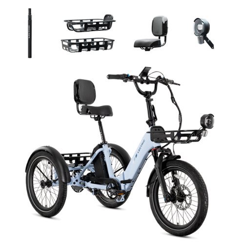 Lectric eBikes - XP Trike2 750 Foldable eBike (Max 70mi./17mph) +Cargo Package, Support Seat, Seat Post, & Elite Headlight - Glacier Blue