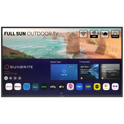 Full Sun Outdoor TV 4K HDR UHD 1500 NIT Recent Input TV functions SUNBRITE powered by webOS Hub Recent input Live TV Edit Home Edit the list of apps in the Home to include your preferences. Guide Check the broadcast schedule and information. Netflix YouTube Prime Video Disney+ Hulu Sling TV Shopkick Pluto TV Crackle Tubi TV.