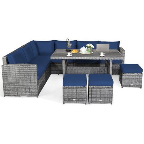 Costway - 7 PCS Patio Rattan Dining Set Sectional Sofa Couch Ottoman - Navy-Front_Standard 