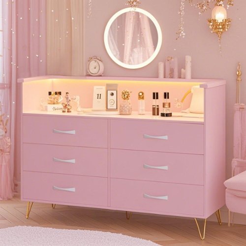 Acekool - Dresser for Bedroom with Charging Station and LED Lights, Storage Organizer with 6 Drawers Wooden - Pink-Front_Standard 