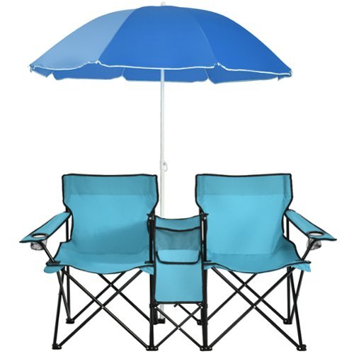 Costway Portable Folding Picnic Double Chair W/Umbrella Table Cooler Beach Camping - Turquoise