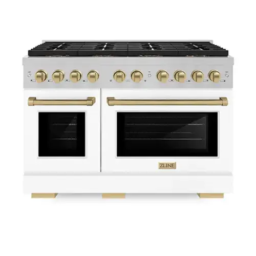 Front. ZLINE - Autograph 48 in. 6.7 cu. ft. Freestanding Paramount Gas DuoPro Range in Satin Steel with White Doors & Bronze Accents - White Matte.
