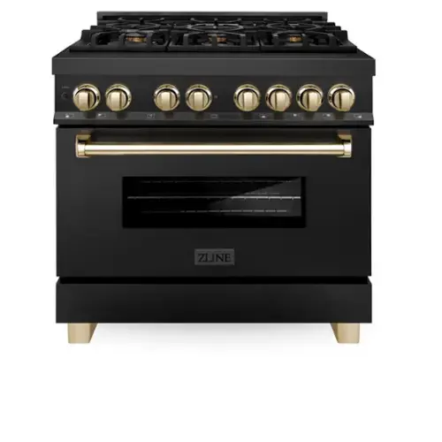 Front. ZLINE - Autograph Edition 36 in. 4.6 cu. ft. Freestanding Legacy Dual Fuel Range in Black Stainless Steel and Gold Accents - Black.