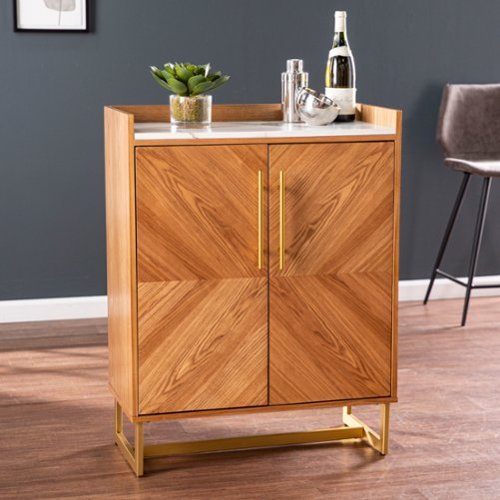SEI Furniture - Trilken Bar Cabinet with Wine Storage - Brown finish with white faux marble-Angle_Standard 