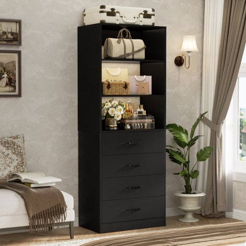 Aheaplus - 80'' Tall Bookcase with 4 Wooden Drawers, 21.3'' Wide Storage Unit with Adjustable Shelves - Black-Front_Standard 