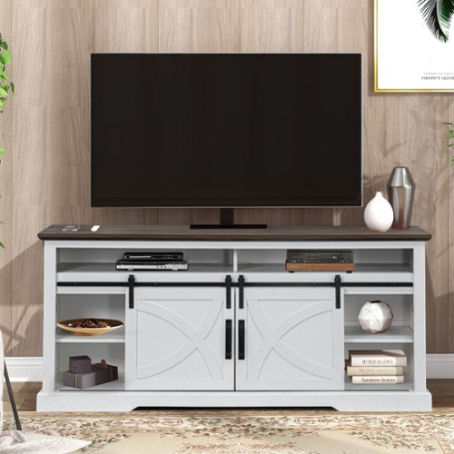 Ihomeadore - 68" TV Stand with Open Storage Shelves and Cabinets Media Console for TVs up to 78" - White-Front_Standard 