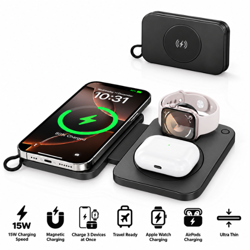Energizer - 3-in-1 Slim Foldable 15W Magnetic MagSafe Fast Charging Station for iPhone + AirPods + Apple Watch - Travel‑Ready Design - Black