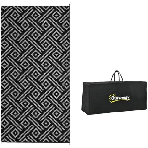 Outsunny - Outdoor Rug for Patio, 9' x 18' Waterproof Large Mat, Reversible Plastic Straw Rug for Décor - Black and Gray Geometric-Front_Standard 