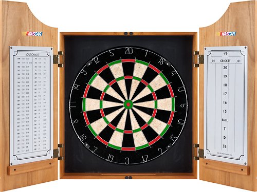 NASCAR Dart Cabinet Set with Darts and Board - Black, White, Yellow, Red, Blue