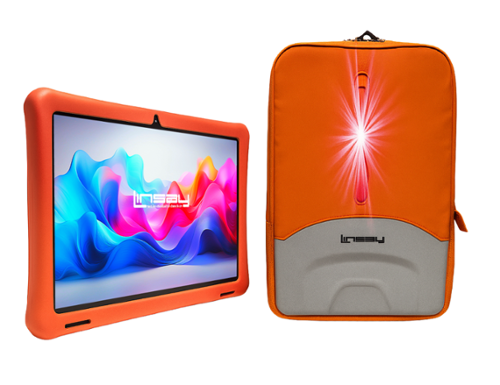 LINSAY - 10.1"Octa Core 128GB Storage Android 15 Tablet IPS Screen with Red Kids Defender Case, and LED Backpack - Orange-Front_Standard 