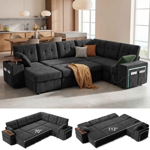 Dyonery - 7-Seat Modular Sectional Sleeper Sofa with Pull-Out Bed, Reclining Backrest, USB Ports, Table, LED Lights,Black - Black-Front_Standard 