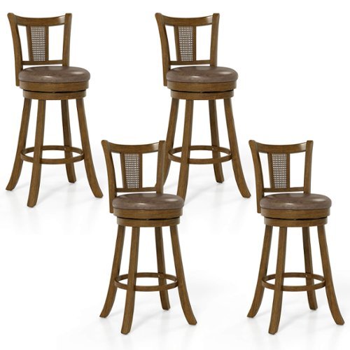 Costway - Set of 4 Bar Stools 30" Swivel Bar Chairs with PE Rattan Backrest & Footrest - Brown-Front_Standard 