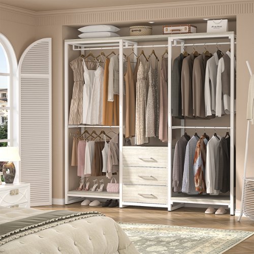 Aheaplus - Sturdy Metal Garment Rack with 3 Fabric Drawers, Wall Mounted Clothing Rack with 5 Hanging Rods & Storage Shelves - Beige Oak-Front_Standard 