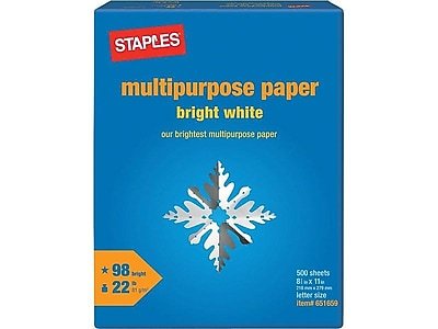Staples - 8.5" x 11" Multipurpose Paper, 22 lbs., 98 Brightness, 500/Ream (22098) - Bright white
