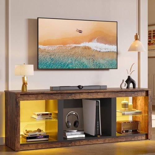 Bestier - 70" TV Stand with LED Lights and Glass Shelves for TVs up to 75" - Brown-Front_Standard 