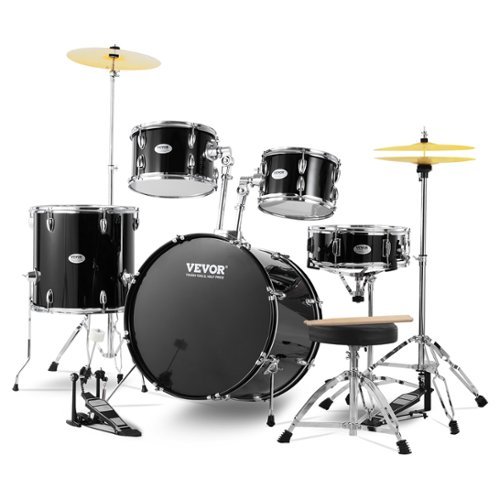 VEVOR - Adult Drum Set, 5-Piece, 22 inches Complete Full Size Drum Kit with Bass Toms Snare Floor Drum Adjustable Throne Stands - Black-Front_Standard 