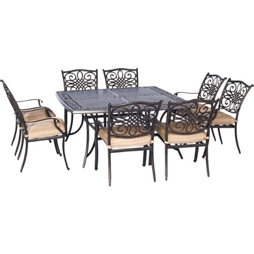 Hanover Outdoor Traditions 9-Piece Dining Set with Large Square Table, Natural Oat/Bronze
