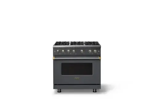 Front. Viking - Pro 5 Series 5.1 Cu. Ft. Freestanding Sealed 6 Burner Gas Convection Range - Damascus Gray w. Brushed Brass Trim - Cast Black.