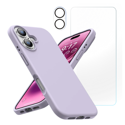 Entronix - iPhone 17 Complete Protection Bundle - Silicone Case, Screen & Camera Lens Protectors - Purple-Front_Standard 