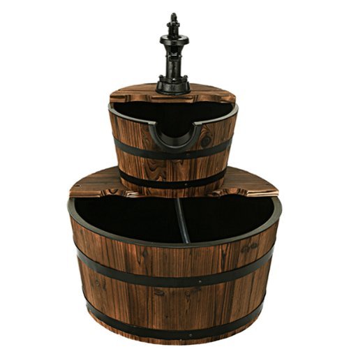 Costway 2 Tier Barrel Waterfall Fountain Barrel Wooden Water Fountain Pump Outdoor Garde - Brown WORLDWIDE DELIVERY