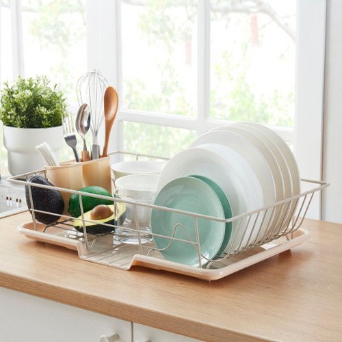 Sweet Home Collection - Steel 3-Piece Large Countertop Dish Drainer with Drain Board & Utensil Holder - Beige-Front_Standard 