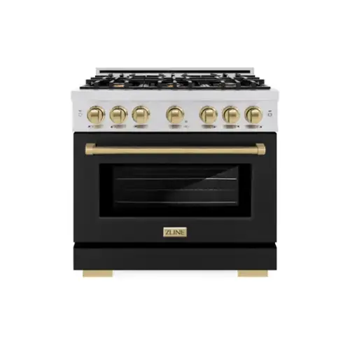 Front. ZLINE - ZLINE Autograph 36" Freestanding Select Gas Range w/ 6 Burners w/ Black Door & Bronze Accents (HGRZ-BLM-36-CB) - Stainless Steel.