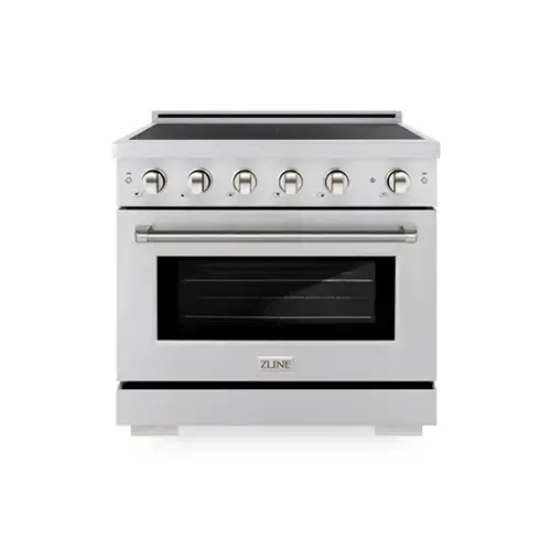 Front. ZLINE - Autograph 36 in. 5.2 cu. ft. Paramount Freestanding Induction Range with 5 Burners and Polished Nickel Helix Handle - Stainless Steel.