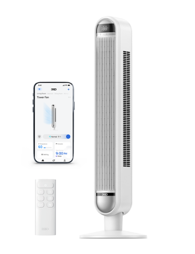 Dreo - Tower Fan, 90° Oscillating Standing Fans, 24ft/s Floor fan with 6 Speeds, 4 Modes, Remote Control, 12H Timer, Quiet - White