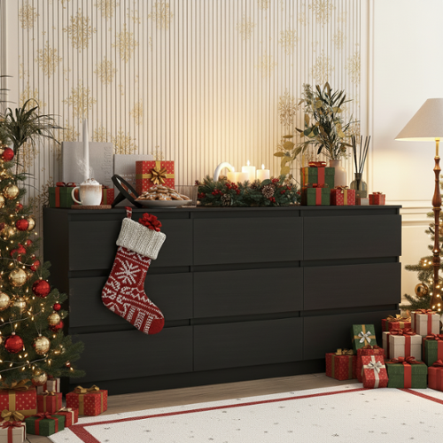 Kadyn - 9 Drawer Wide Dressers for Bedroom, Modern Chest of Drawer Organizer - Black-Front_Standard 