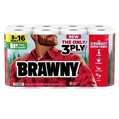 Brawny - Tear-A-Square Paper Towels, 3-ply, 76 Sheets/Roll, 8 Rolls/Pack (446005) - White