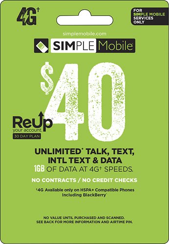  Simple Mobile - $40 ReUp Prepaid Card - Green