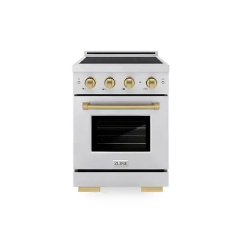 Front. ZLINE - Autograph 24 in. 3.2 cu. ft. Paramount Freestanding Induction Range with 3 Burners in Satin Steel with Bronze Accents - Satin Stainless Steel.