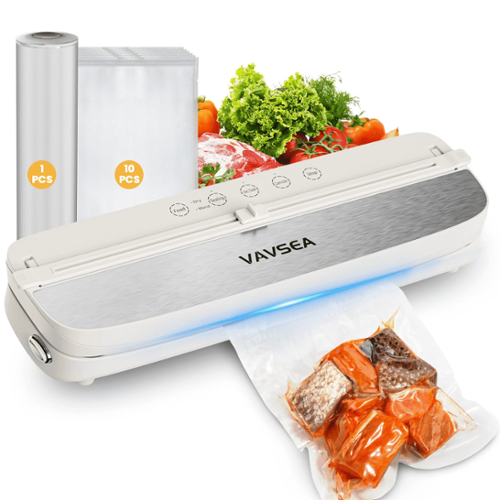 VAVSEA - 75Kpa Vacuum Sealer Machine with Built-in 2 Cutters, Food Vacuum Sealer with 1 Roll Bag & 10Pcs Bags and 6 Modes, Suitab - White-Front_Standard 