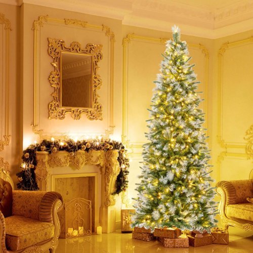 Costway - 7.5 FT Pre-Lit Artificial Christmas Tree with 820 Frosted Tips 350 LED Lights - Green/White