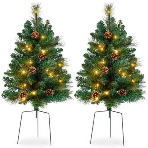 Best Choice Products - Set of 2 24.5in Outdoor Scotch Pine Pathway Christmas Trees Decor w/ LED Lights, Pine Cones - Green-Front_Standard 