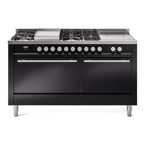 Front. ILVE - ILVE Professional Plus II Series 60 in. Dual Fuel Range with 7 Sealed Burners + Griddle (Natural Gas, Satin Trim) - Glossy Black.