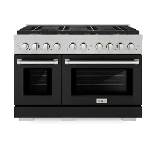 Front. ZLINE - ZLINE 48 in. 6.7 cu. ft. Freestanding Paramount Dual Fuel DuoPro Range w/ Dual Ovens in Satin Steel w/ Black Matte Doors - Black Matte.