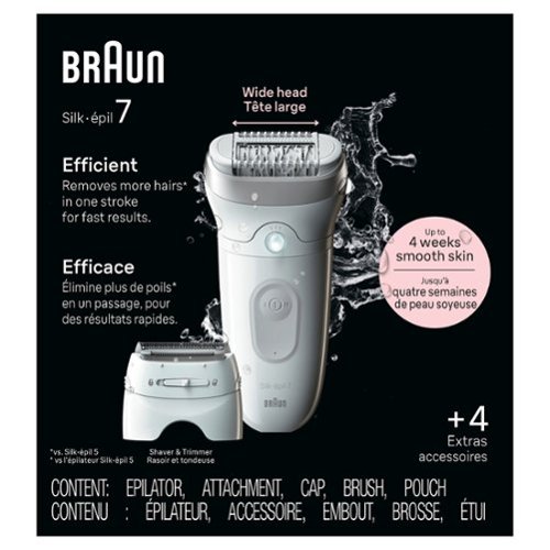 Braun Silk-épil 7 Epilator, Wet and Dry, Wide Head, Includes Shaver Head and Trimmer Comb - White/Grey/Silver WORLDWIDE DELIVERY